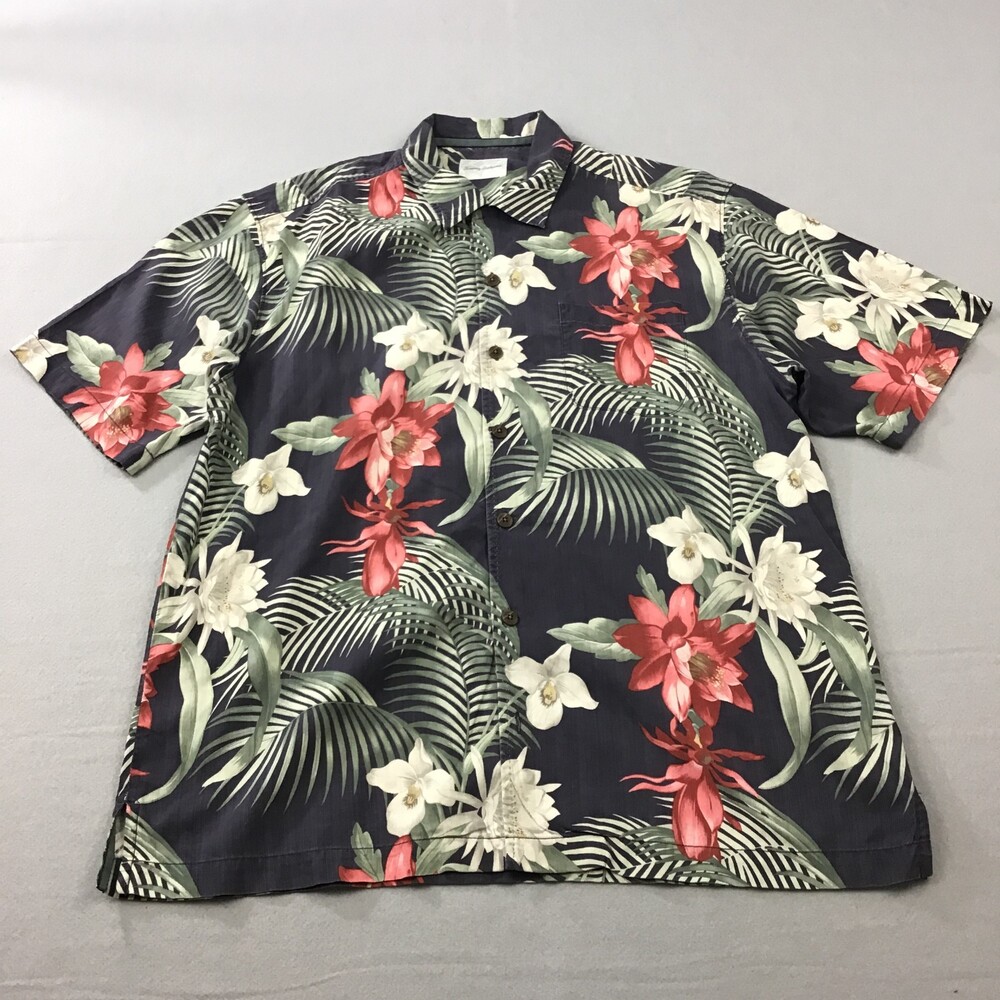 Tommy Bahama Shirt Men Large Blue Floral Camp Hawaiian Button Up Silk L